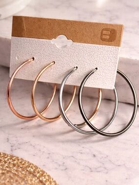 Buckle Mixed Metal Hoop Earring Set - Rose Gold & Silver